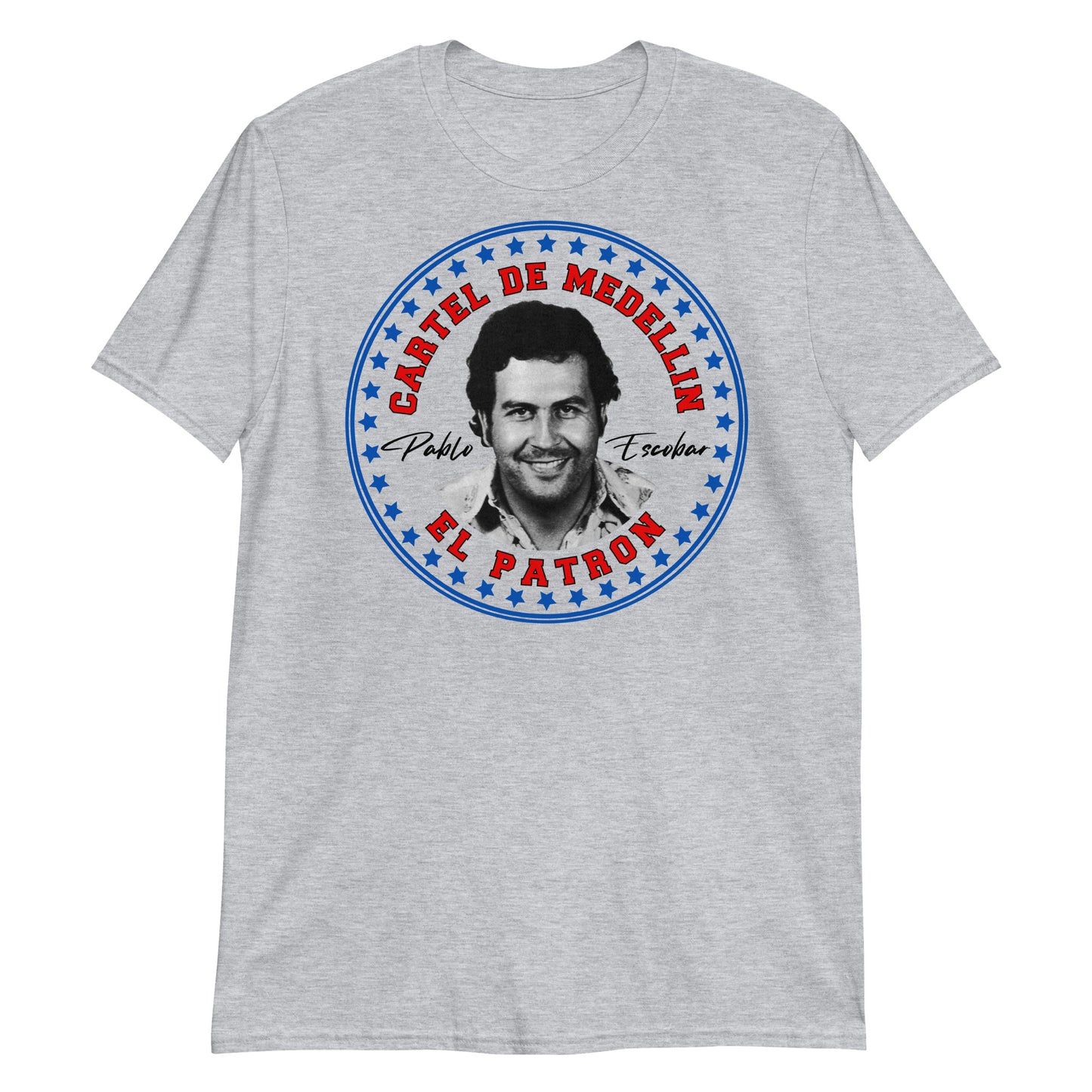 Pablo Escobar El Patron , Cartel de Medellin Graphic Tee Shirt Short-Sleeve Unisex T-Shirt White & Sport Grey